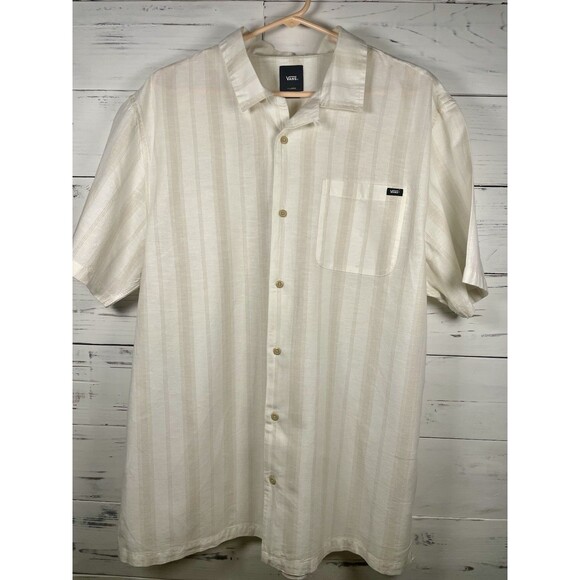 Vans Classic Fit Striped Short Sleeve Button-Up Shirt Men’s XL Beige Tan Casual - Picture 1 of 4
